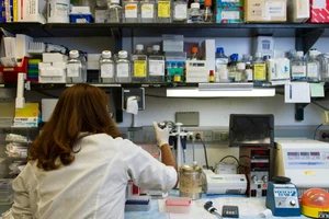 Scientist working in a laboratory with various equipment and chemicals on shelves